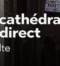 "Intérieur de la Cathédrale de Lausanne, avec le texte en surimpression "La cathédrale en direct #culte" "